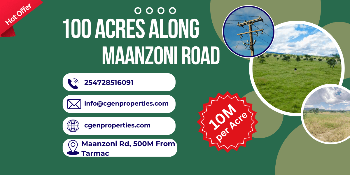 Prime 100 Acres along Maanzoni Road for Sale @10M per Acre
